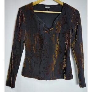 BARANDA 3046 V-Neck Long Sleeve Top Brown Abstract Lightweight Women Size S
